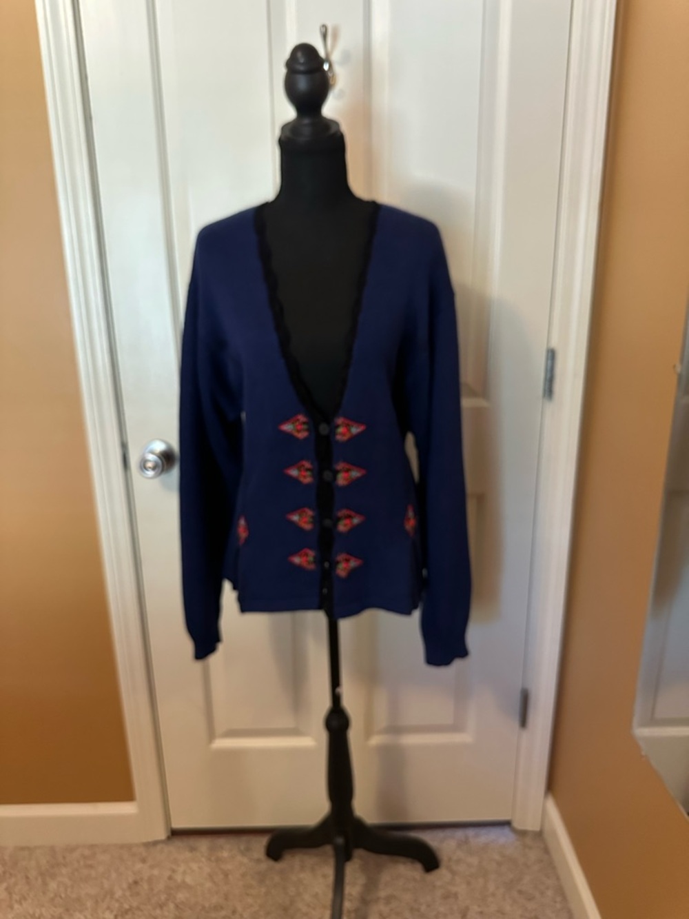 Susan Bristol Navy V-Neck Cardigan with Red Embroidered Accents